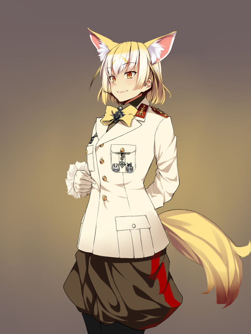 1girl, animal_ears, arm_behind_back, blonde_hair, bonkiru, bow, brown_eyes, closed_mouth
