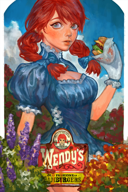 1girl, blue_dress, blue_eyes, braid, dress, dylan_(art_of_dylan), food, freckles, hamburger, redhead, solo, twin_braids, twintails, wendy's, wendy_(wendy's)