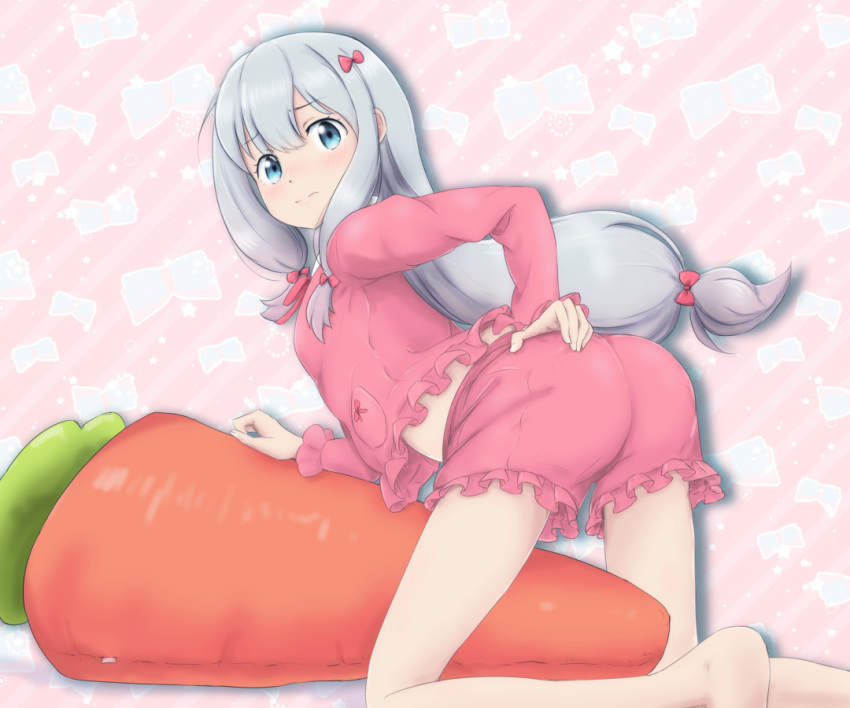 1girl, all_fours, ass, barefoot, blue_eyes, carrot, eromanga_sensei, from_behind