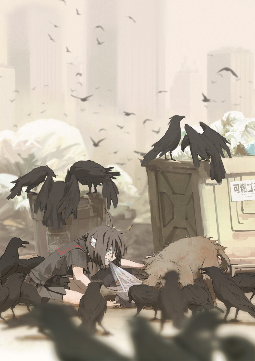 1girl, bandage, bandage_over_one_eye, bird, blurry, brown_hair, bucket, city