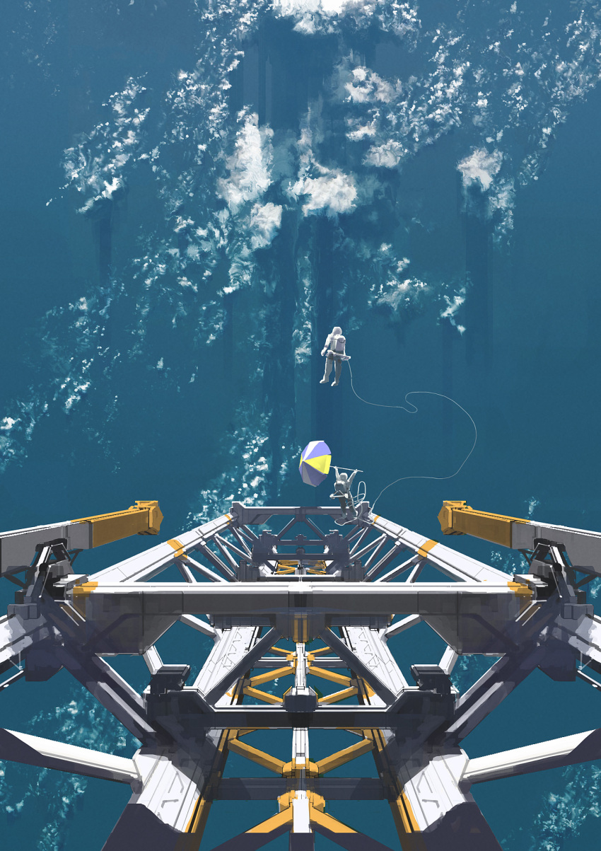 astronaut, cable, clouds, floating, from_above, highres, ocean, original
