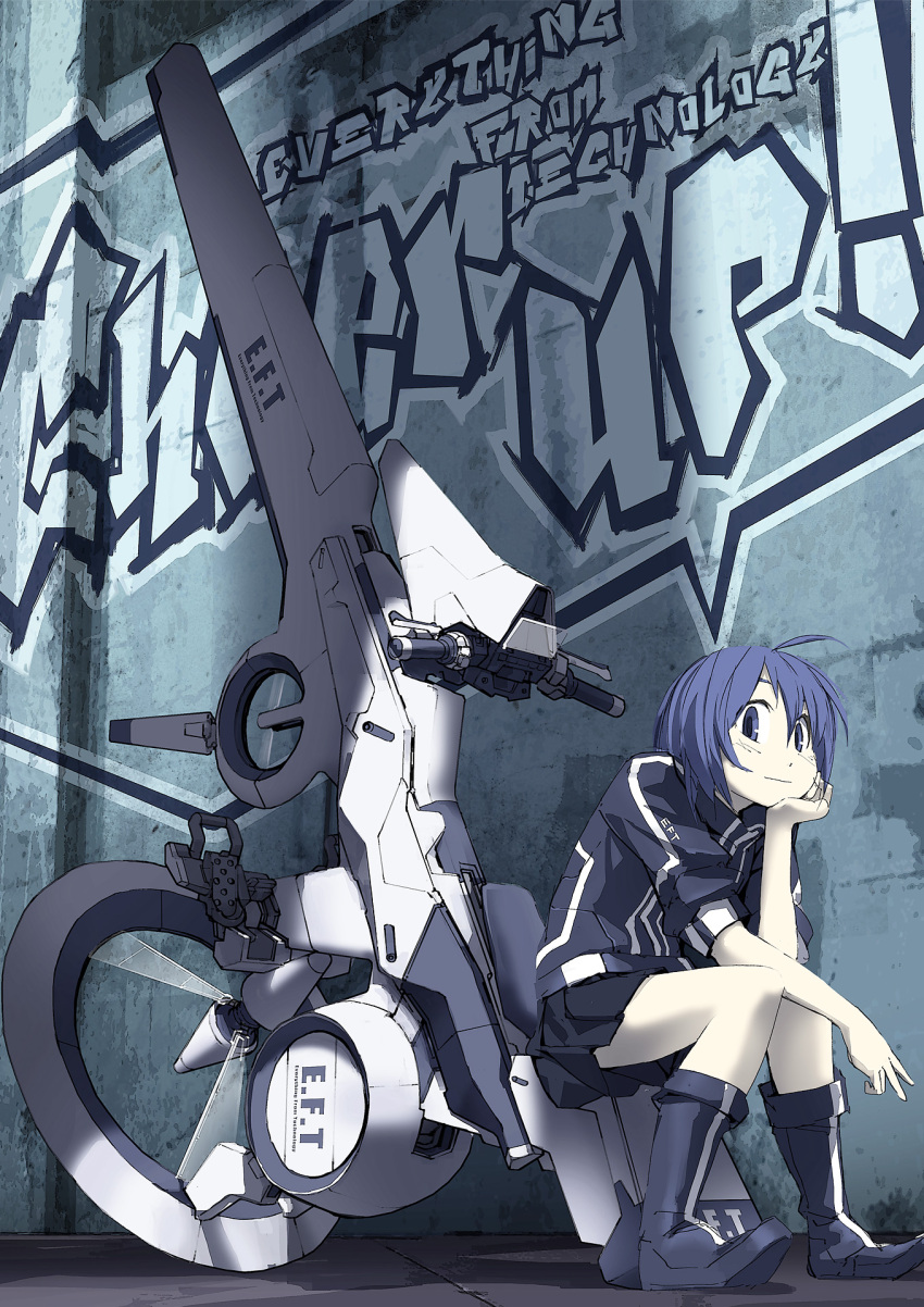 1girl, ahoge, blue, blue_eyes, blue_hair, boots, chin_rest, full_body