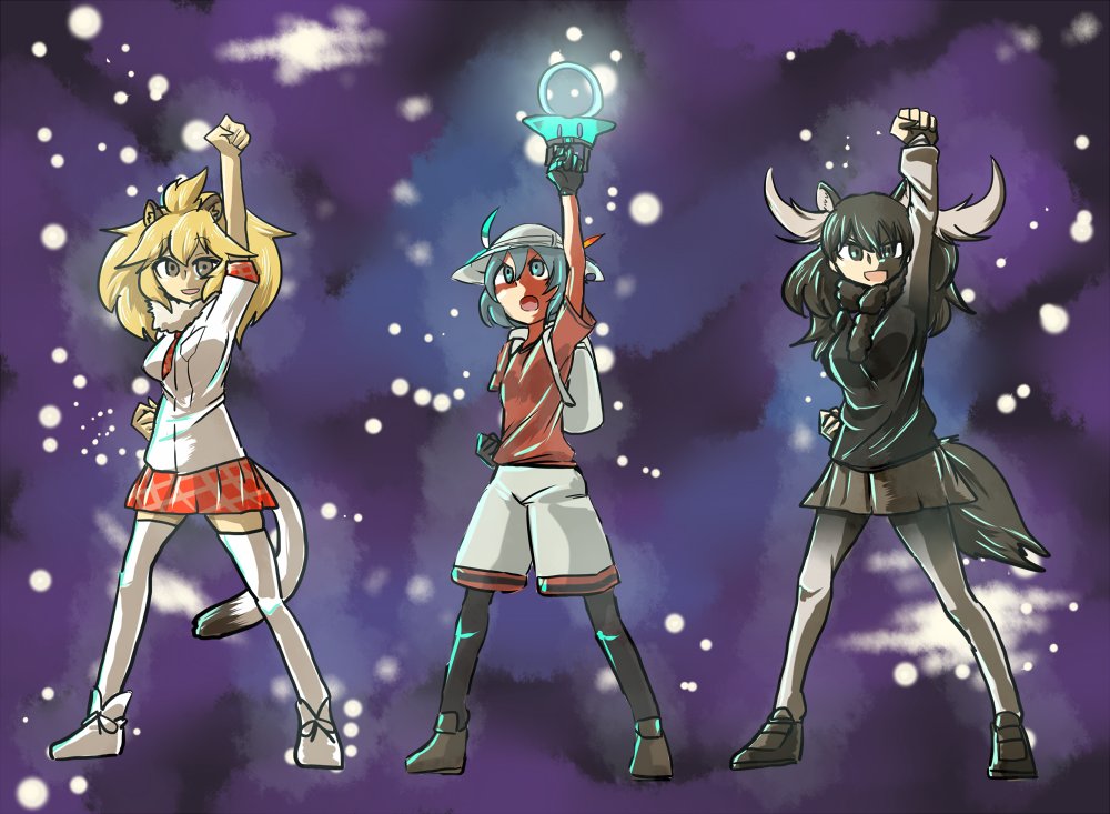 3girls, animal_ears, antlers, artist_request, backpack, bag, black_gloves, black_hair