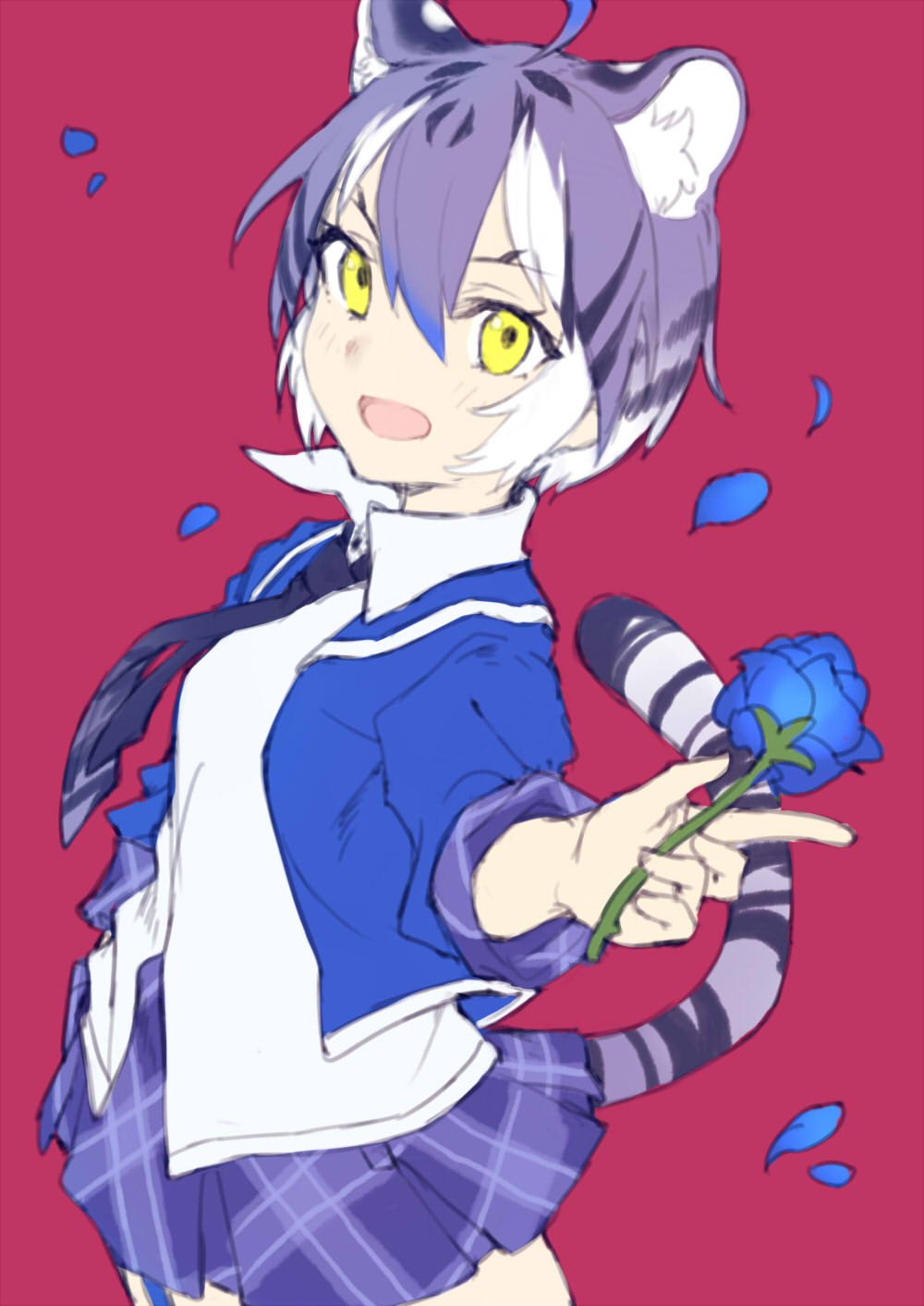 1girl, :d, ahoge, animal_ears, animal_print, blazer, blue_blazer, blue_hair