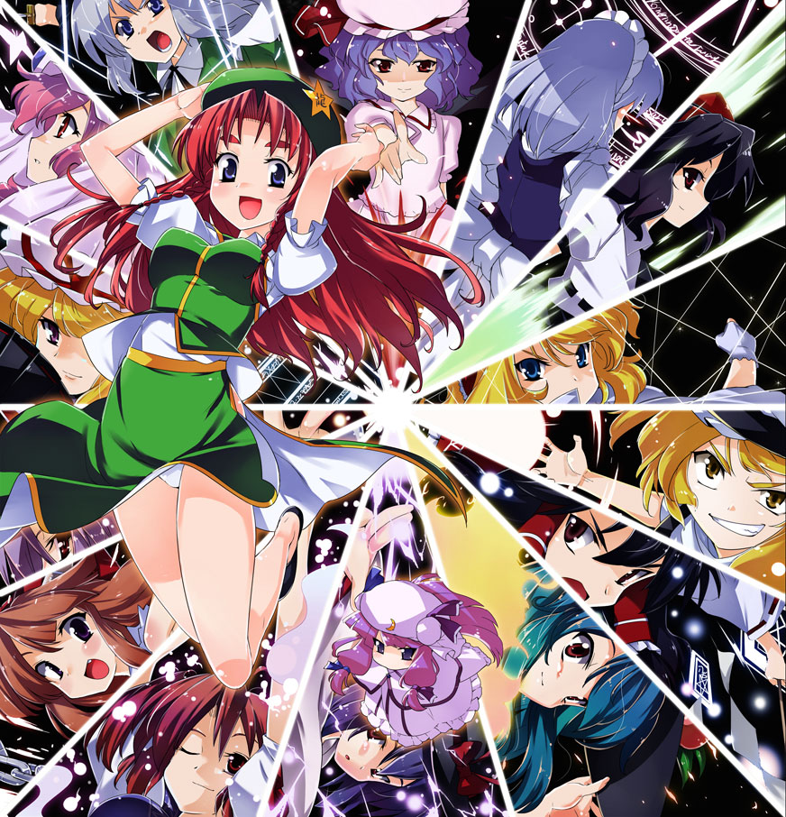 alice_margatroid, everyone, hakurei_reimu, hat, hinanawi_tenshi, hong_meiling, ibuki_suika, izayoi_sakuya