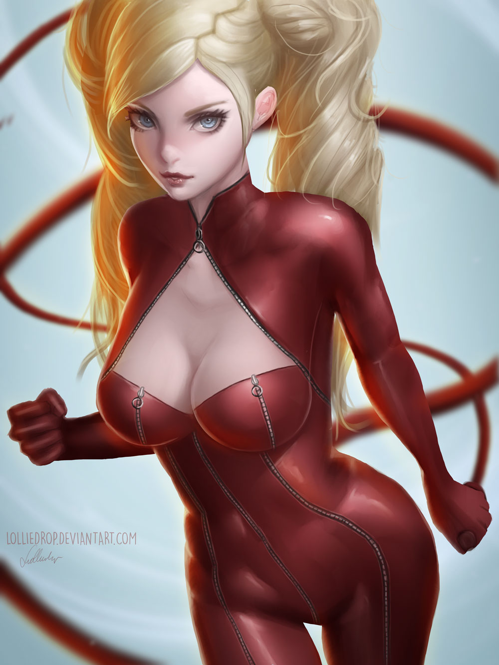 1girl, blonde_hair, blue_eyes, blurry, breasts, cleavage, depth_of_field, highres, large_breasts, latex, lolliedrop, long_hair, looking_at_viewer, parted_lips, persona, persona_5, solo, takamaki_anne, twintails, whip