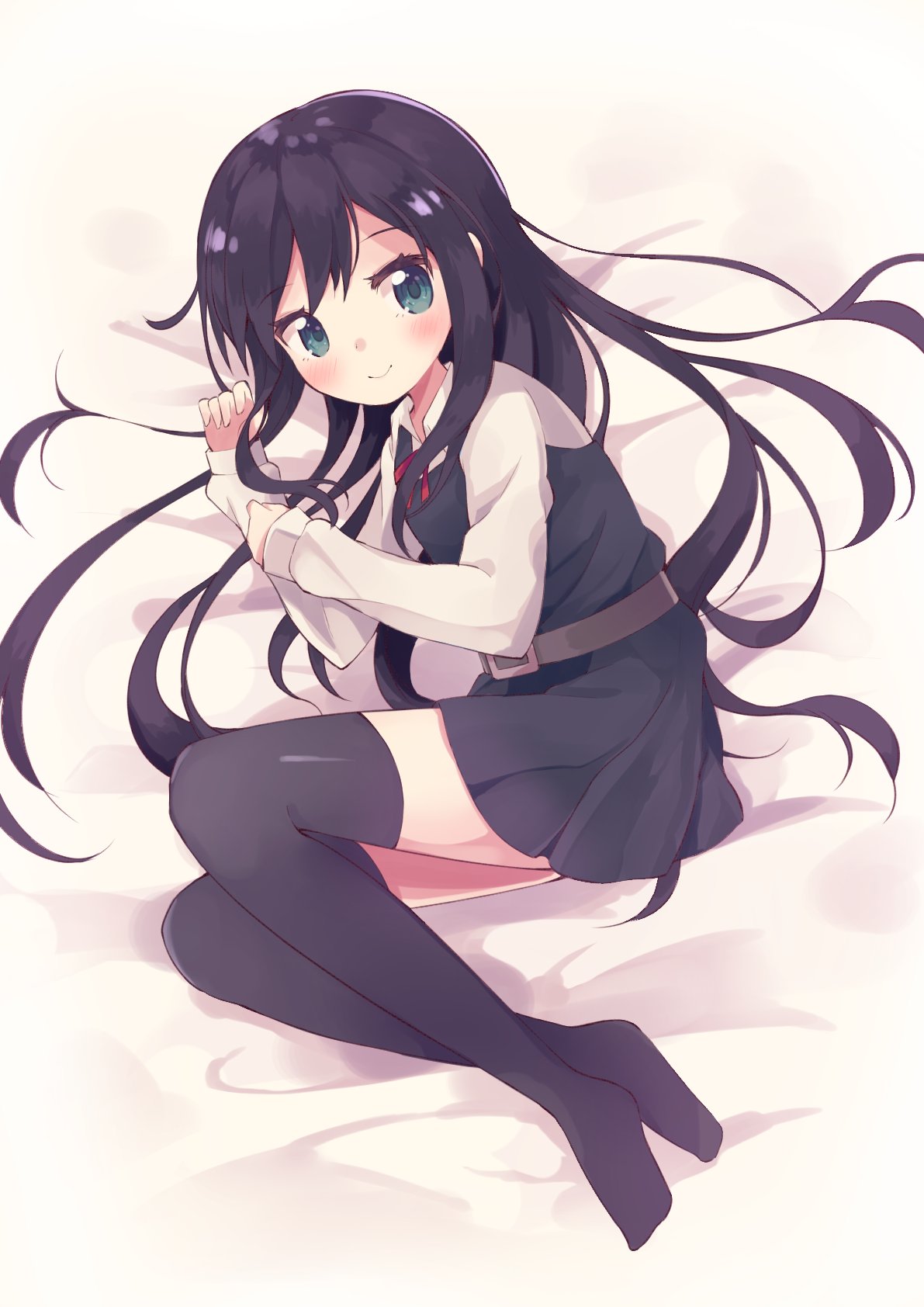 1girl, asashio_(kantai_collection), belt, black_dress, black_hair, black_legwear, blue_eyes, blush