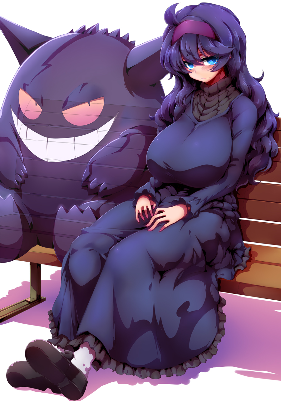 1girl, @_@, ahoge, bags_under_eyes, bench, blush, breasts, dress
