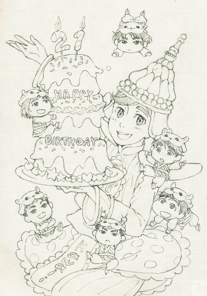 6+boys, :d, animal_hat, birthday_cake, cake, candle, chibi, christophe_giacometti