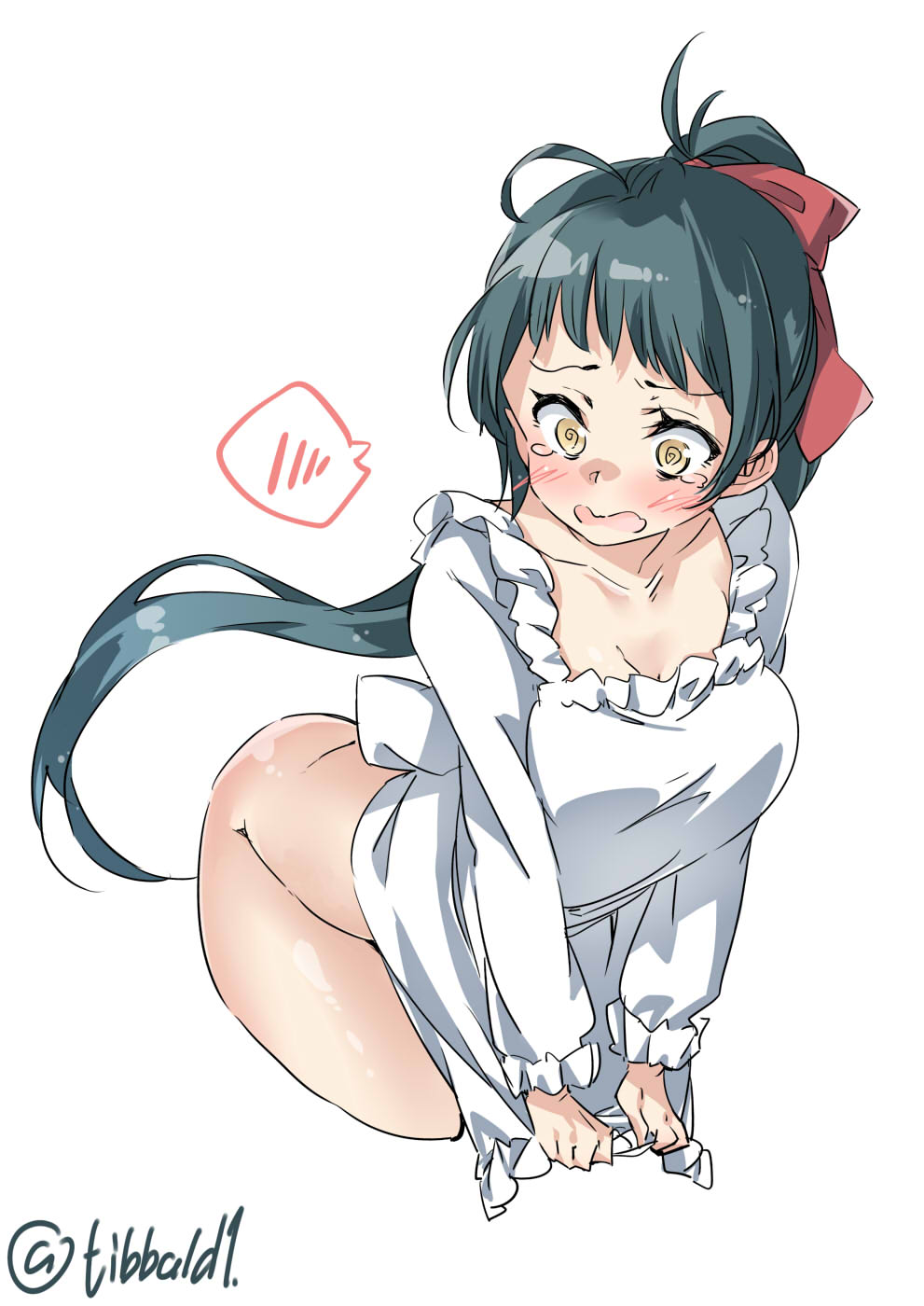 1girl, ahoge, apron, apron_tug, ass, blush, bow, breasts