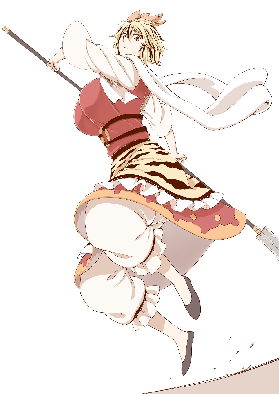 1girl, animal_print, attack, bangs, bishamonten's_spear, black_hair, black_shoes, blonde_hair