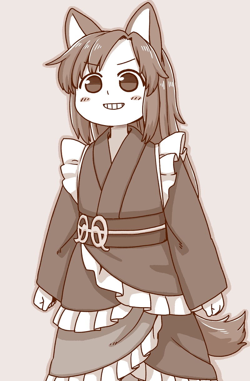 1girl, animal_ears, arms_at_sides, blush_stickers, cosplay, cowboy_shot, frilled_kimono, frills
