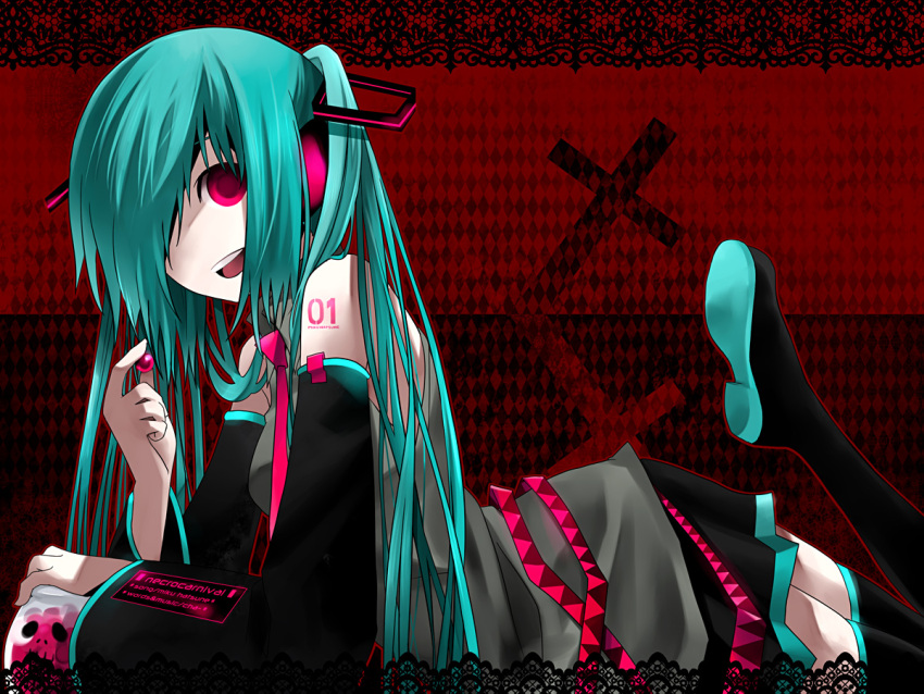 aqua_hair, candy, cross, detached_sleeves, hatsune_miku, kintaro, long_hair, necktie
