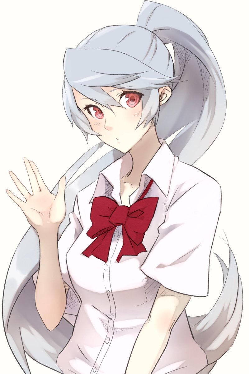 1girl, blue_hair, bow, dress_shirt, highres, labrys, long_hair, looking_at_viewer