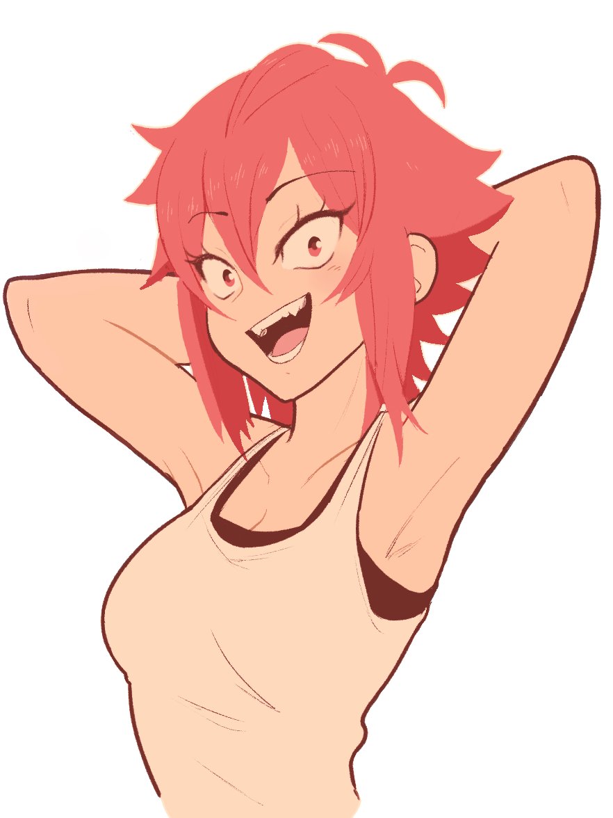 1girl, aizawa_tomo, armpits, arms_behind_back, hair_between_eyes, looking_at_viewer, open_mouth, red_eyes