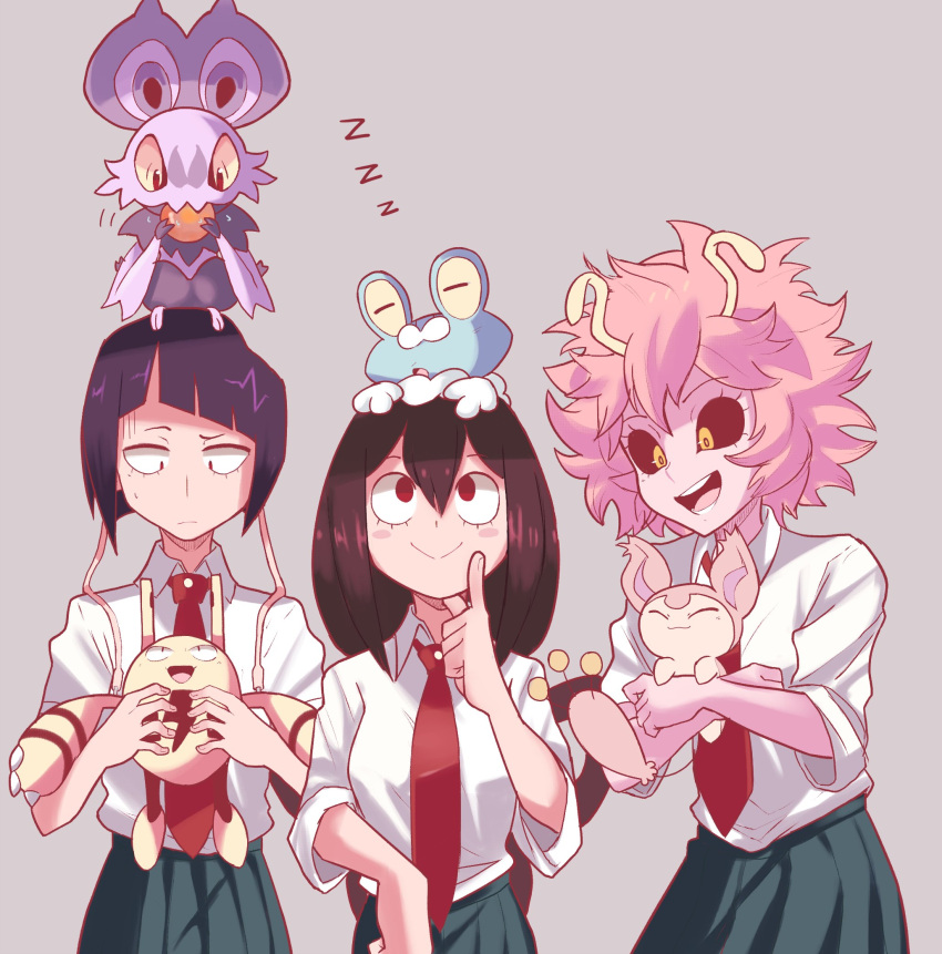 3girls, :>, :d, ashido_mina, asui_tsuyu, black_hair, black_sclera, blush_stickers