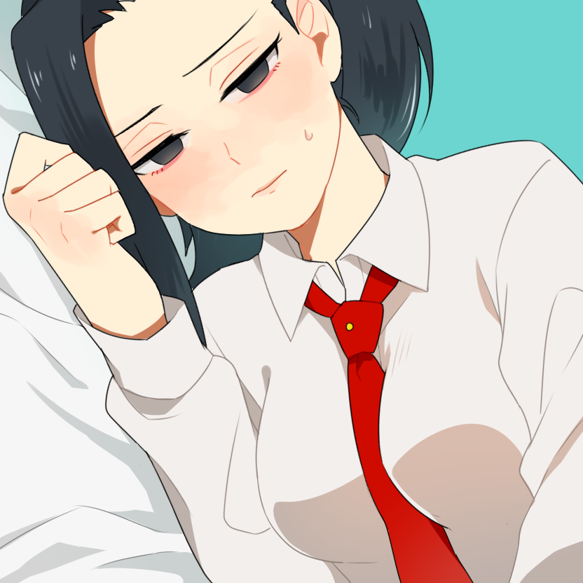 1girl, between_breasts, black_eyes, black_hair, blush, boku_no_hero_academia, breasts, half-closed_eyes, long_hair, looking_at_viewer, lying, medium_breasts, necktie, necktie_between_breasts, on_side, ponytail, short_hair, solo, sweatdrop, tsukumo_kaname, yaoyorozu_momo
