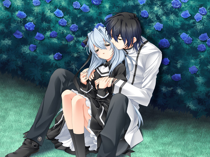 ashe_(cg), black_hair, blue_hair, couple, dress, flower, game_cg, kiss