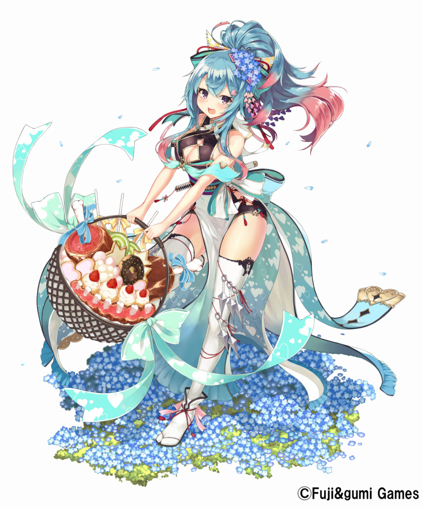 1girl, aqua_hair, bare_shoulders, basket, blush, breasts, cleavage, cleavage_cutout