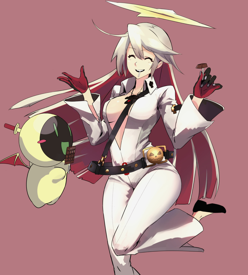 1girl, belt, between_breasts, black_gloves, bodysuit, breasts, candy, center_opening