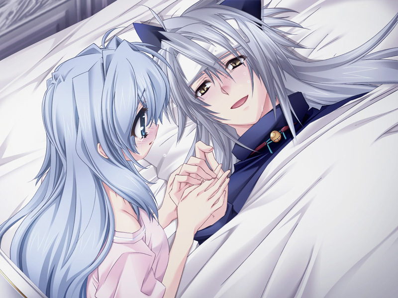 1girl, animal_ears, ashe_(cg), ashe_(under_the_moon), bed, blue_eyes, blue_hair, blush