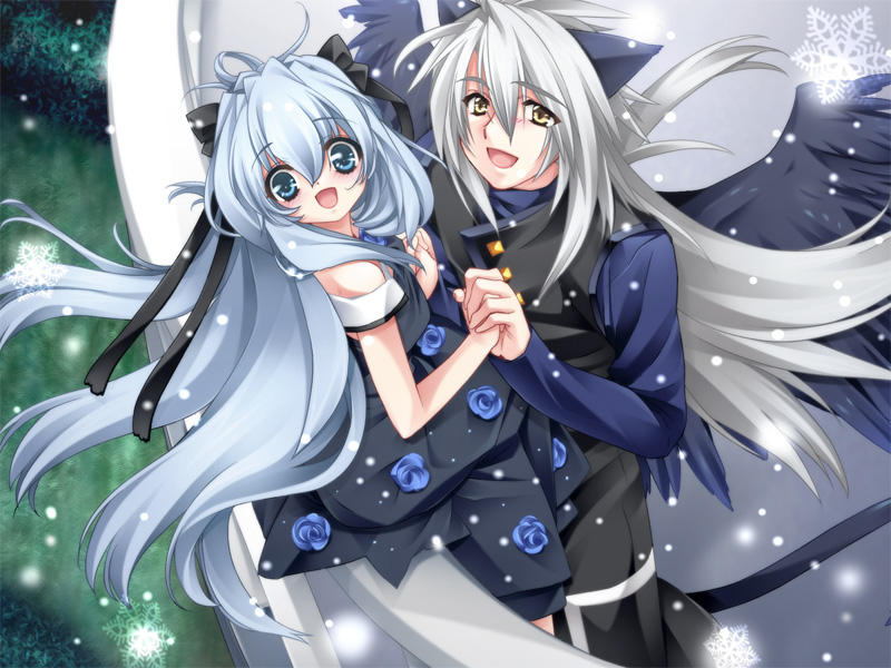 1girl, angel_wings, animal_ears, ashe_(cg), ashe_(under_the_moon), blue_eyes, blue_hair, cat_ears