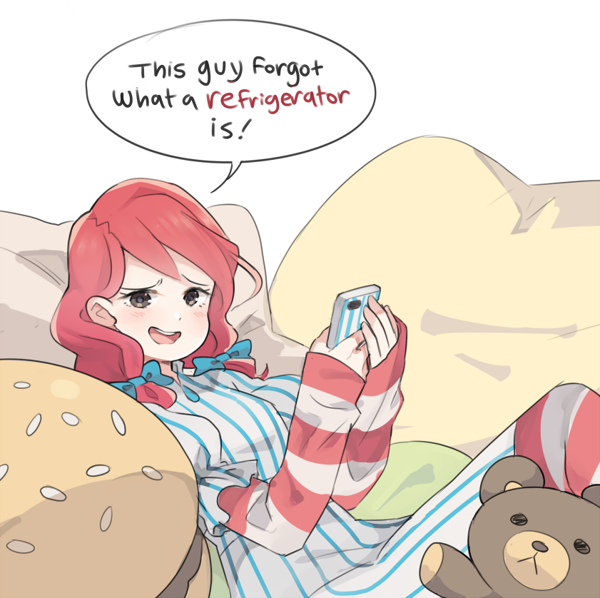 1girl, alternate_hairstyle, black_eyes, blush, cellphone, dress, english, food