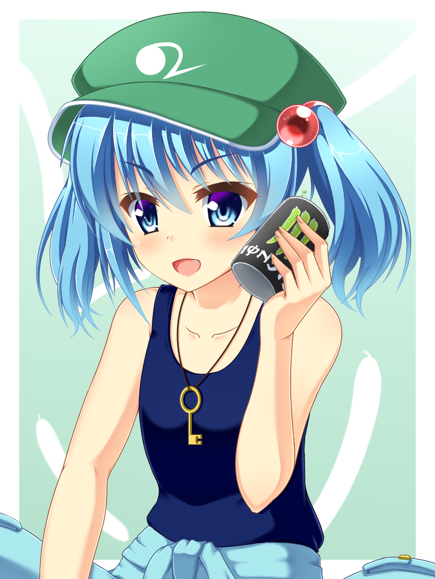 >:d, 1girl, :d, bare_arms, bare_shoulders, blue_eyes, can, collarbone, eyebrows_visible_through_hair, fang, flat_cap, flat_chest, green_hat, hair_bobbles, hair_ornament, hat, holding, houkiboshi, jewelry, kawashiro_nitori, key, looking_at_viewer, necklace, open_mouth, pocket, short_hair, sleeveless, smile, soda_can, solo, tank_top, tareme, team_shanghai_alice, touhou, two-tone_background, two_side_up, upper_body