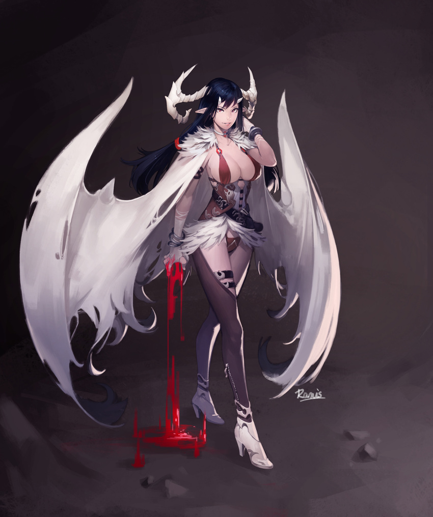 1girl, armor, artist_name, bangle, bangs, belt, black_hair, blood