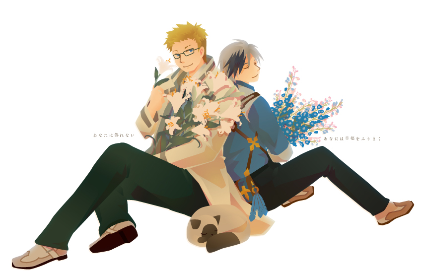 2boys, back-to-back, black_hair, brothers, brown_hair, cat, feathers, flower