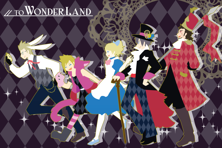 1girl, 4boys, alice_(wonderland), alice_(wonderland)_(cosplay), alice_in_wonderland, animal_ears, argyle, argyle_background
