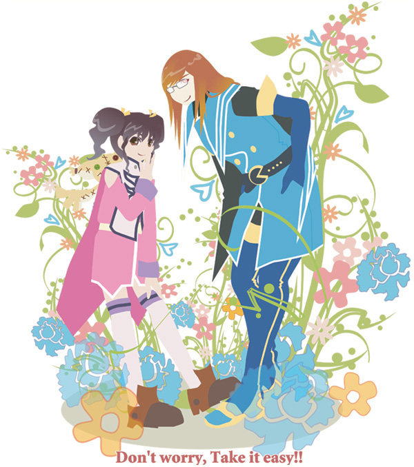 1boy, 1girl, anise_tatlin, black_hair, boots, brown_eyes, brown_hair, flat_color