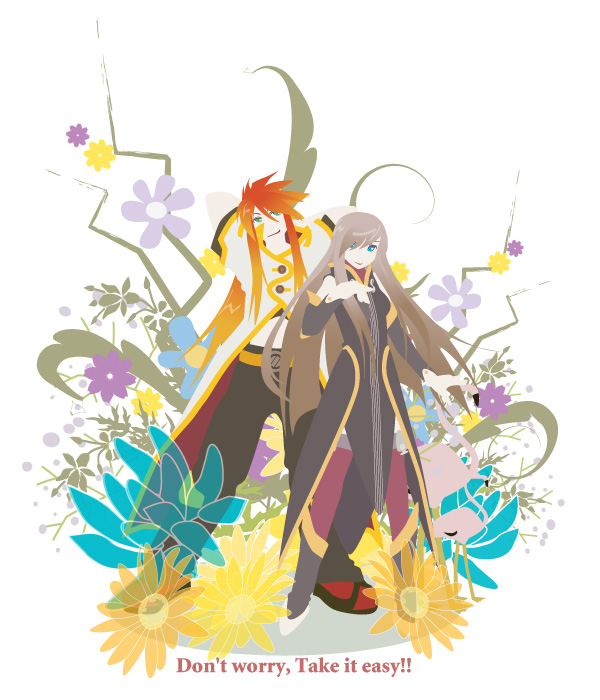 1boy, 1girl, bird, blue_eyes, brown_hair, flamingo, flat_color, flower