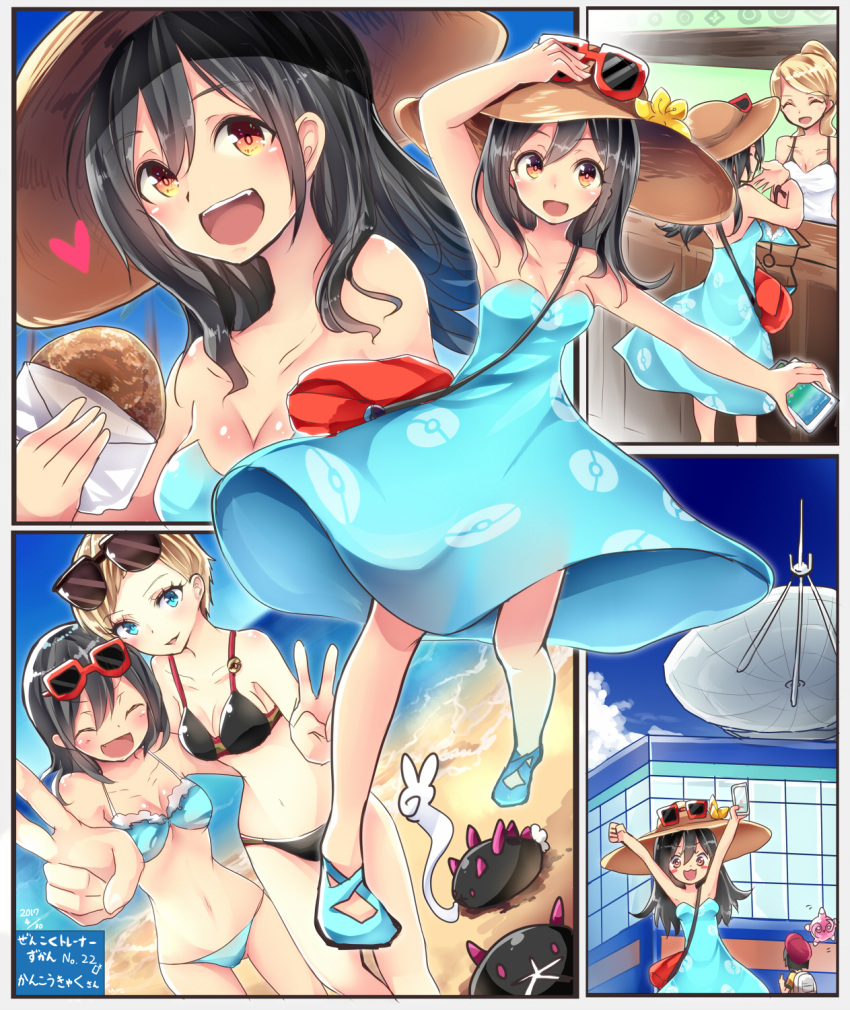 3girls, bangs, beauty_(pokemon), bikini, black_hair, blonde_hair, blue_dress, blue_eyes