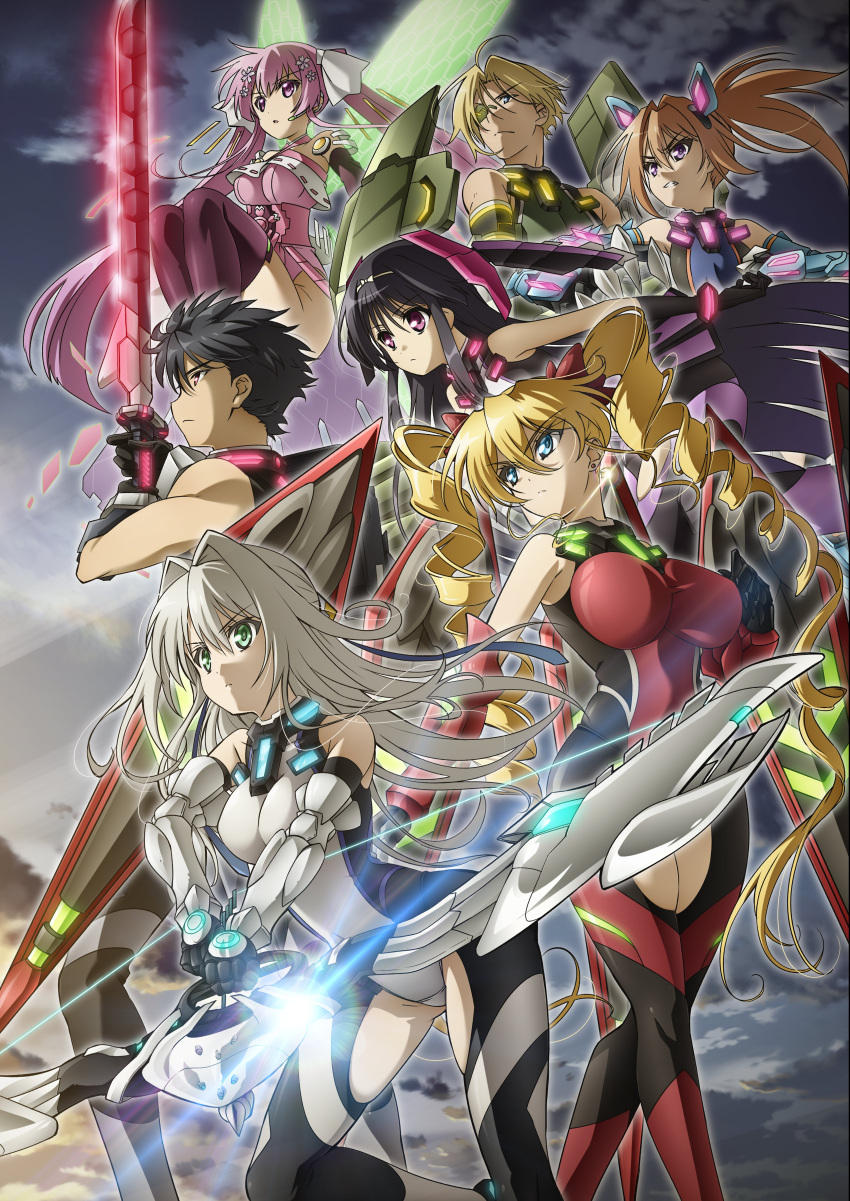 2boys, 5girls, absurdres, ahoge, black_gloves, black_hair, blonde_hair, blue_eyes