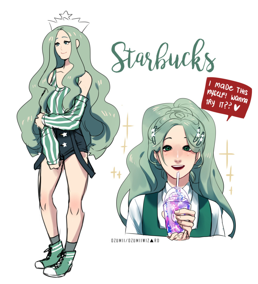 1girl, artist_name, bare_shoulders, blush, collarbone, converse, crown, detached_sleeves