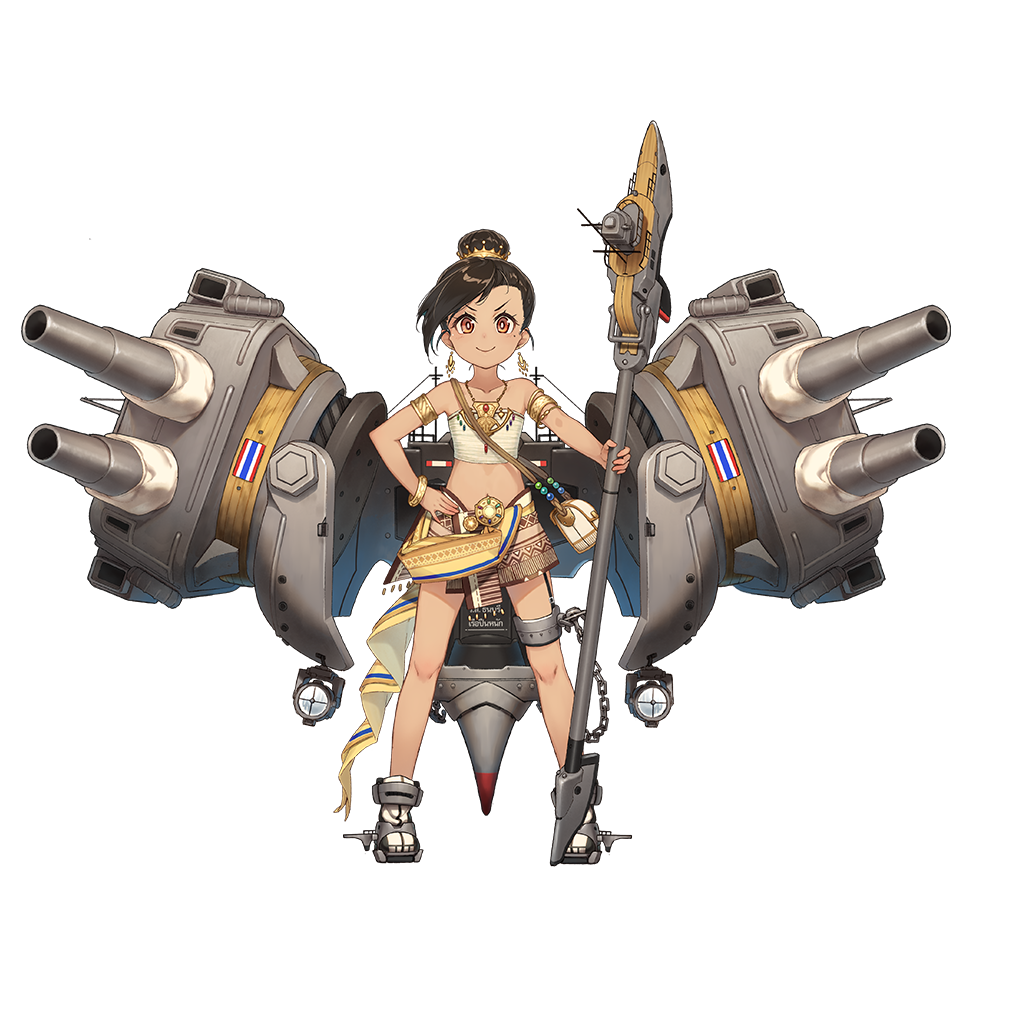 1girl, anchor, armband, artist_request, bandeau, beads, black_hair, brown_eyes, brown_hair, chains, earrings, gold, hair_bun, jewelry, looking_at_viewer, mecha_musume, midriff, personification, polearm, searchlight, spear, thai_flag, thonburi_(zhan_jian_shao_nyu), traditional_clothes, turret, weapon, zhan_jian_shao_nyu