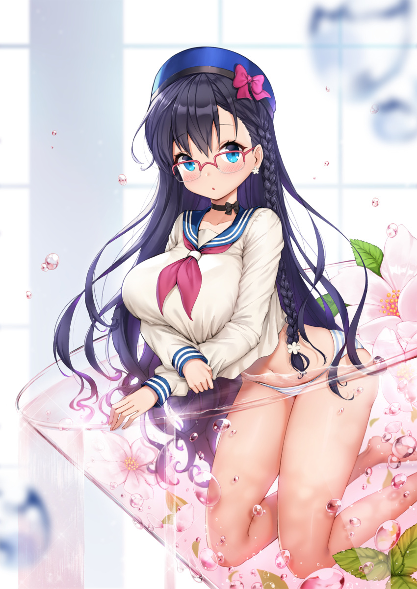1girl, alcohol, ankkoyom, black_bow, black_choker, blouse, blue_eyes, blue_panties