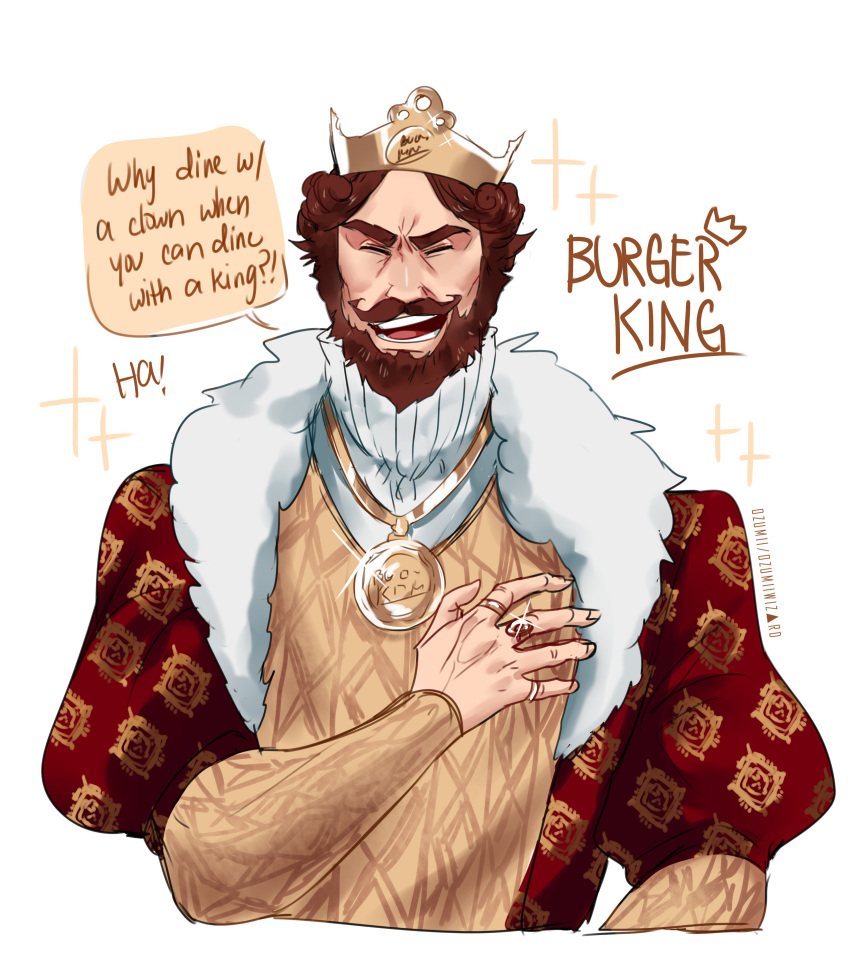 1boy, absurdres, beard, brown_hair, burger_king, crown, facial_hair, highres
