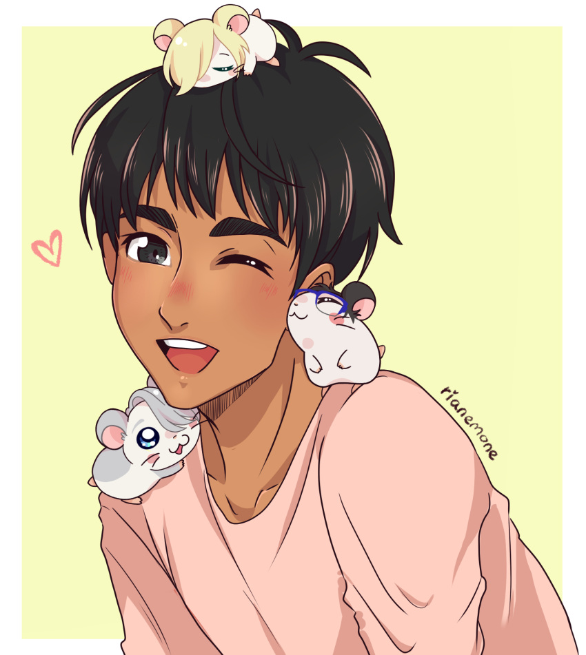 1boy, :3, ;d, animal, animal_on_head, animal_on_shoulder, animalization, black_hair