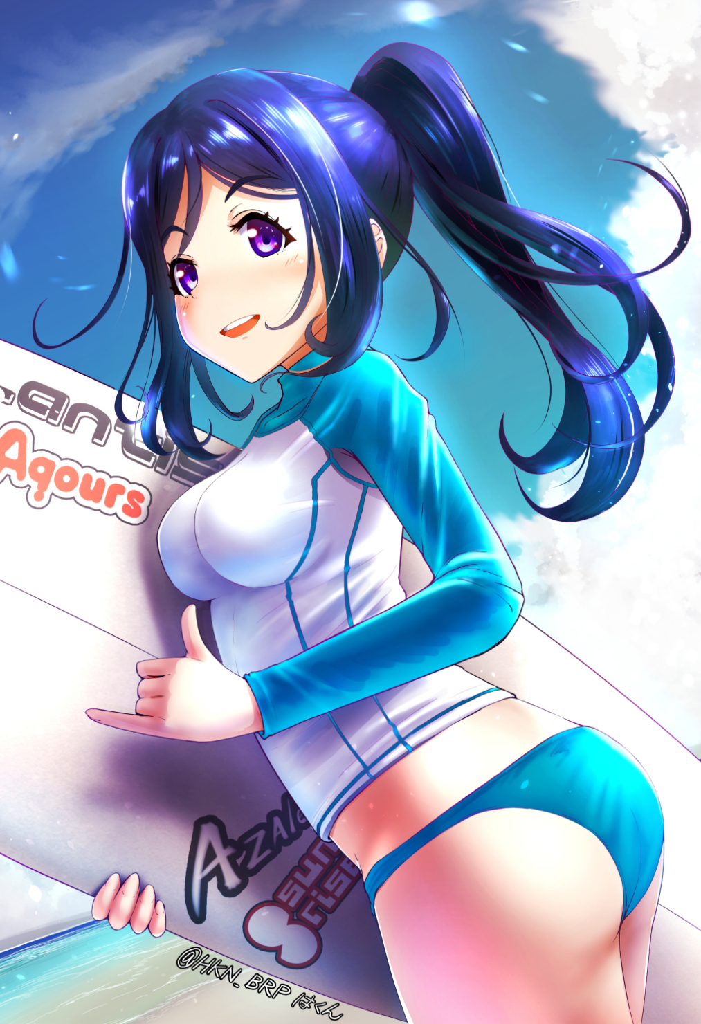 1girl, artist_name, ass, beach, bikini_bottom, blue_bikini_bottom, blue_hair, cowboy_shot