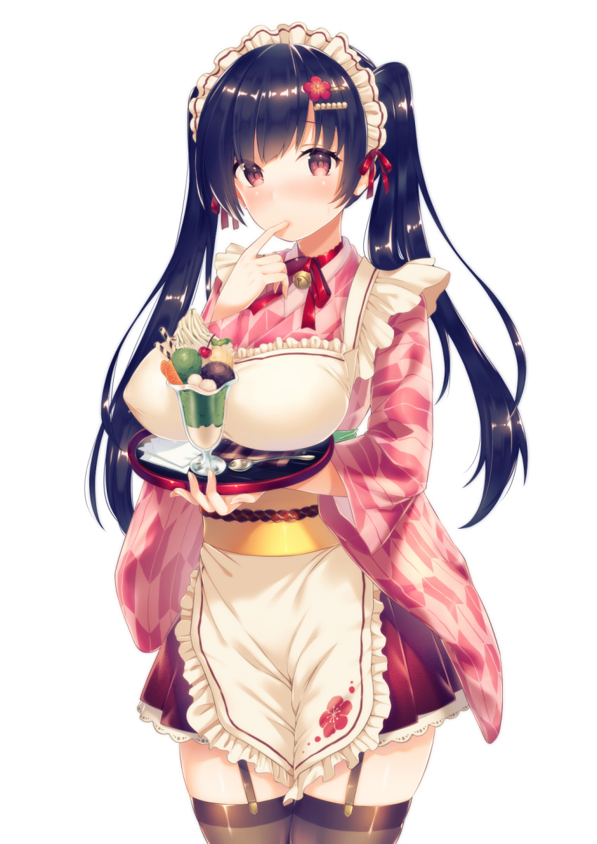 1girl, apron, bangs, bell, black_hair, blush, brown_eyes, brown_skirt