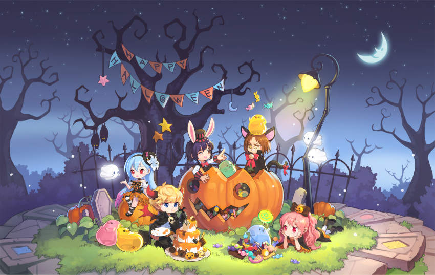 2boys, 3girls, :d, ;d, ^_^, anais_del_caril, angry, animal_ears, bare_shoulders, bare_tree, bat, bell, benya_(tales_weaver), bird, black_bow, black_cape, black_hat, black_vest, blonde_hair, blue_eyes, blue_hair, bow, bowtie, brown_eyes, brown_hair, cake, candy, candy_cane, cape, cat_ears, cat_tail, character_request, chin_rest, clenched_teeth, closed_eyes, collarbone, creature, crescent_moon, detached_sleeves, eating, eye_contact, fence, floating, flower, food, fork, ghost, glasses, glowing, gras, hair_bow, hairband, happy_halloween, hat, hat_bow, hat_flower, hat_ornament, headband, highres, holding, holding_plate, horns, jack-o'-lantern, jingle_bell, juggling, lamppost, leaf, light, lollipop, long_hair, long_sleeves, looking_at_another, loose_thighhigh, lucian_kaltz, lying, maximin_liebkne, moon, multiple_boys, multiple_girls, night, night_sky, on_stomach, one_eye_closed, open_mouth, orange_skirt, outdoors, outstretched_arms, outstretched_hand, pink_bow, pink_hair, plant, plate, pointing, ponytail, puffy_short_sleeves, puffy_sleeves, pumpkin, rabbit_ears, red_bow, red_bowtie, red_eyes, round_teeth, sang_ah_yoon, short_sleeves, sitting, skirt, skull, sky, sleeping, slime, smile, star, star_(sky), starry_sky, string_of_flags, striped, striped_hat, striped_legwear, sweets, tail, tales_weaver, teeth, tombstone, top_hat, tree, vampire_costume, vest, yellow_eyes