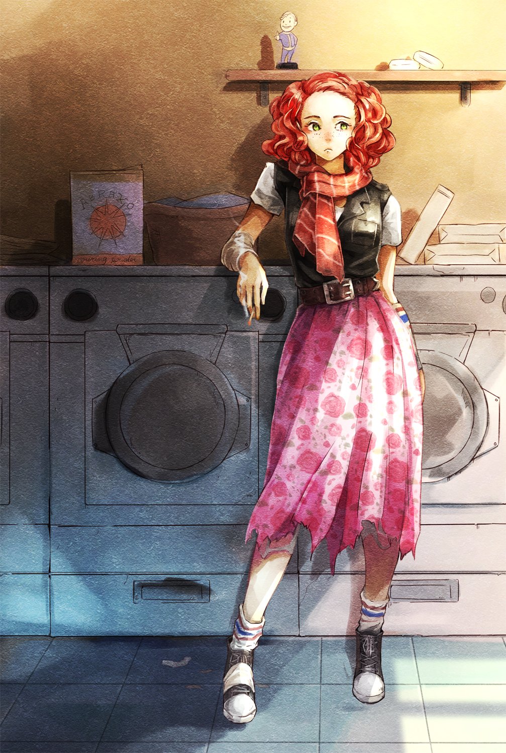 1girl, alternate_costume, alternate_hairstyle, arm_warmers, belt, bobblehead, cait_(fallout_4), cigarette