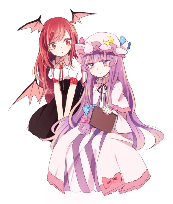 2girls, :|, bangs, bat_wings, black_dress, blunt_bangs, book, bow, capelet, closed_mouth, collared_shirt, crescent, crescent_moon_pin, dress, expressionless, hair_ribbon, hat, hat_bow, hat_ribbon, head_wings, holding, holding_book, koakuma, long_hair, looking_at_another, low-tied_long_hair, low_wings, mob_cap, mozukuzu_(manukedori), multiple_girls, nail_polish, patchouli_knowledge, puffy_short_sleeves, puffy_sleeves, purple_dress, purple_hair, red_eyes, redhead, ribbon, shirt, short_sleeves, simple_background, sitting, striped, striped_dress, touhou, tress_ribbon, v_arms, violet_eyes, vlh, white_background, white_shirt, wings