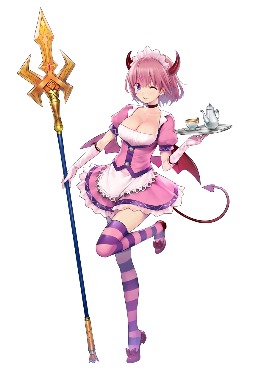 1girl, ;d, apron, artist_request, bangs, black_choker, bow, breasts