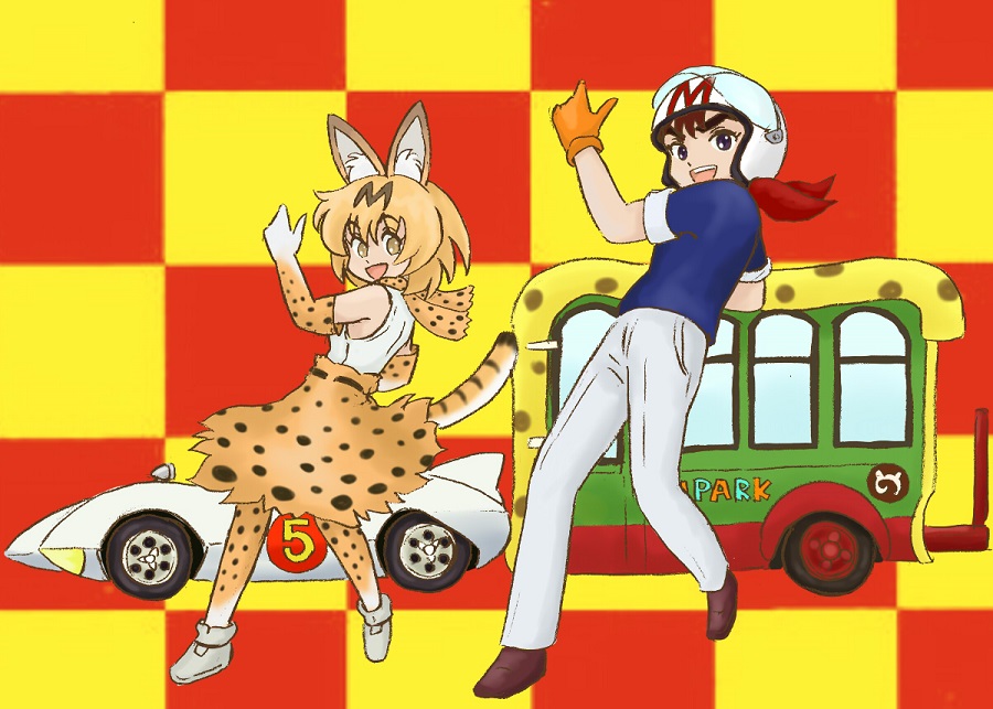 animal_ears, car, checkered, checkered_background, ground_vehicle, helmet, japari_bus, kemono_friends