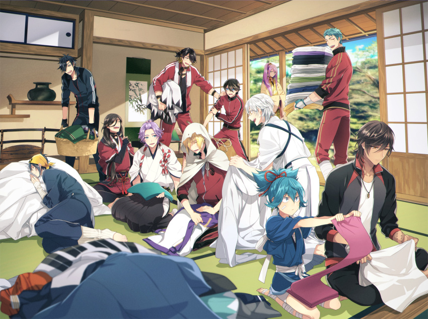 6+boys, aqua_hair, bandanna, black_gloves, black_hair, blonde_hair, blue_eyes, blue_hair