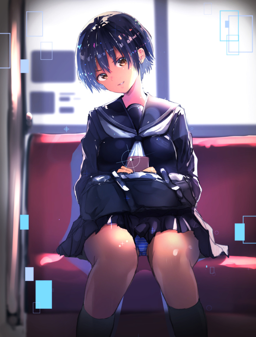 1girl, bag, black_hair, black_serafuku, blurry, bob_cut, brown_eyes, cafe_au_lait_(kafeore), cellphone, dark_skin, depth_of_field, highres, looking_at_viewer, original, panties, pantyshot, parted_lips, phone, school_uniform, serafuku, short_hair, sitting, skirt, skirt_lift, smartphone, solo, striped, striped_panties, train_interior, underwear
