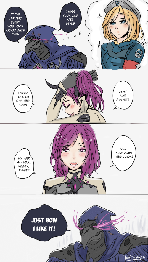 1boy, 1girl, 4koma, adjusting_hair, alternate_costume, alternate_hairstyle, armband, beret, blonde_hair, blue_eyes, blush, bodysuit, breasts, closed_eyes, combat_medic_ziegler, comic, demon_horns, english, eyebrows_visible_through_hair, facial_mark, forehead_mark, glowing, glowing_eyes, hair_down, hat, high_ponytail, hood, horns, imp_mercy, long_sleeves, looking_at_viewer, mask, mercy_(overwatch), nevermore_reaper, no_wings, open_mouth, overwatch, purple_hair, reaper_(overwatch), shisarou, simple_background, small_breasts, smile, sparkle, speech_bubble, talking, thought_bubble, untying, upper_body, violet_eyes, white_background, white_hat
